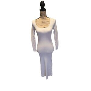 Stradivarius scoop/square neck fitted long slv dress, skirt slits, size medium